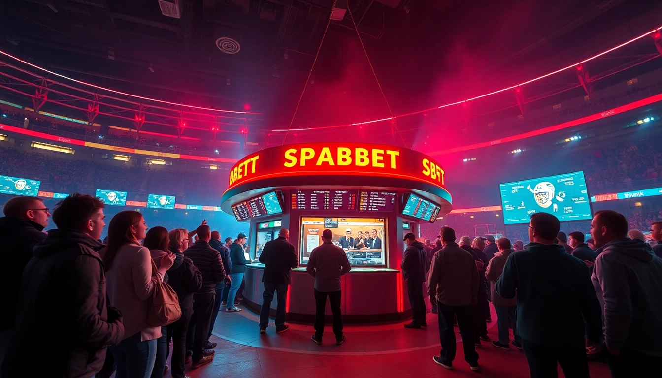 Engaged bettors at sportsbooks in Saskatchewan exploring live betting options amid vibrant stadium lights.