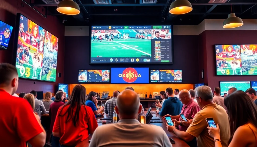Engaging scene at sportsbooks in Oklahoma with bettors and live game displays.
