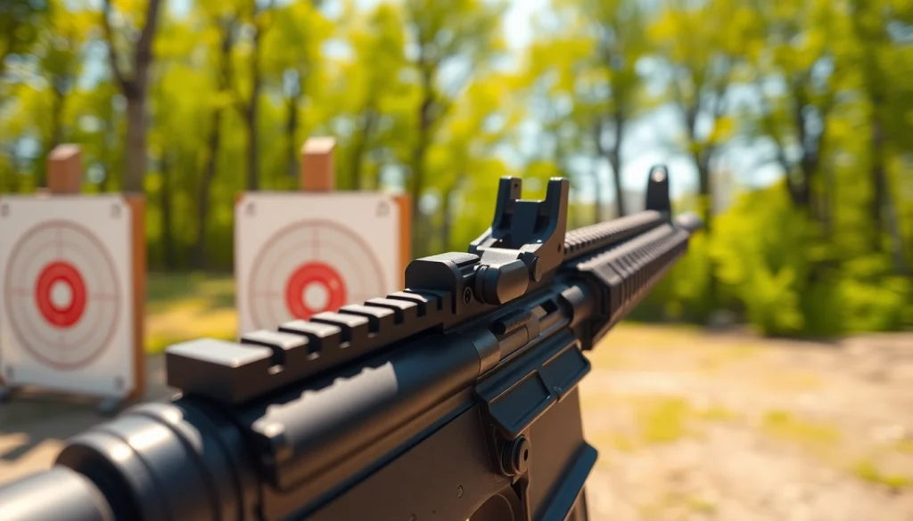 Forced reset trigger displayed prominently on an AR-15 at a shooting range, emphasizing its design.