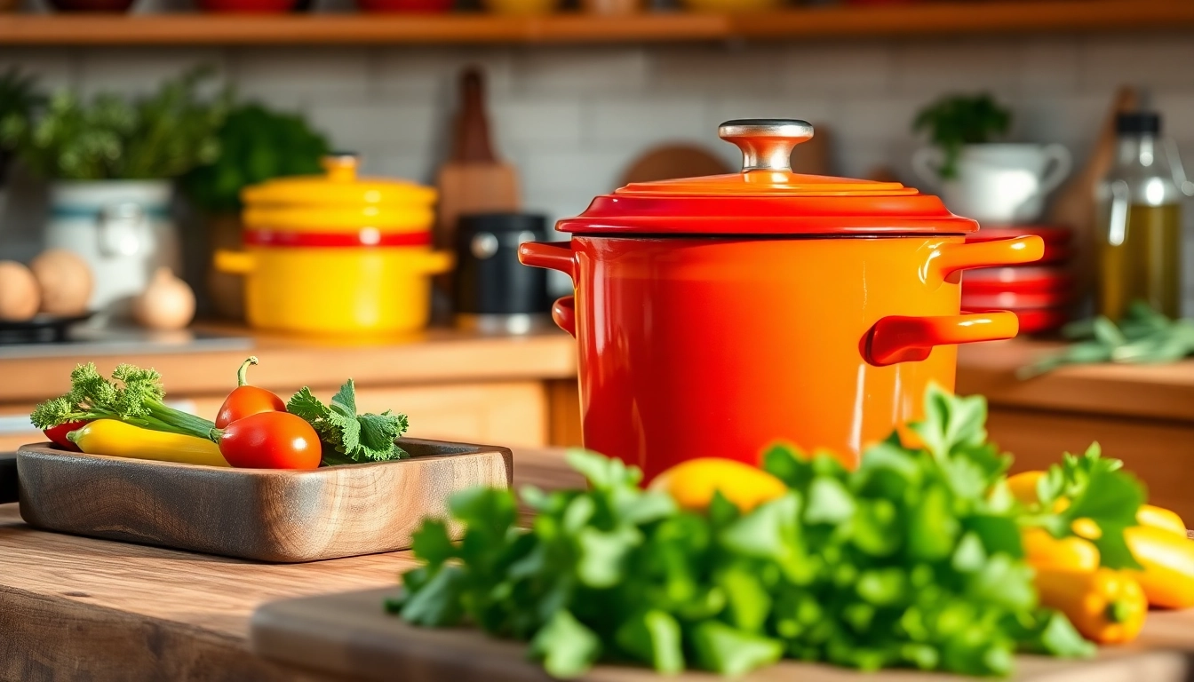 Discover where to buy Le Creuset in NZ with a colorful display of cookware in a modern kitchen.