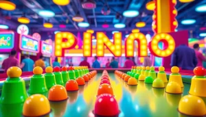 Mainkan demo plinko dengan bola yang jatuh di latar belakang arcade yang ceria.