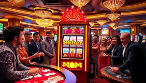 Players enjoying the 8kbet slot in a luxurious casino atmosphere.