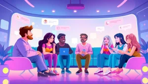 Interactive chat scene with diverse AI characters showcasing sex chat ai.