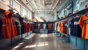 FLY88 aviation-inspired apparel showcasing trendy clothing in a vibrant store environment.