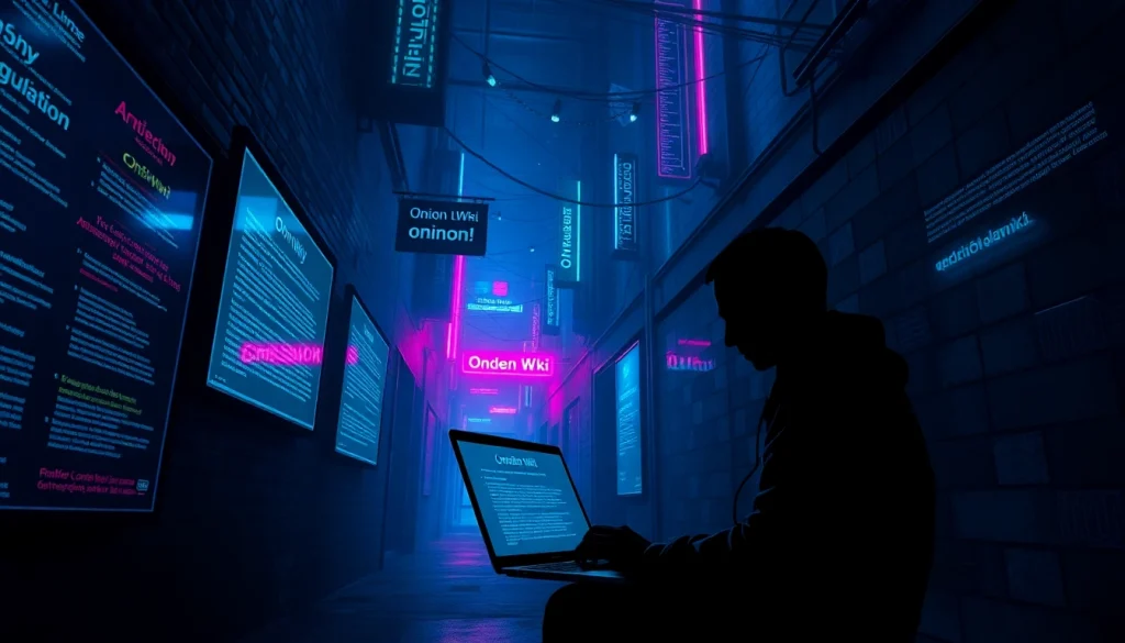 Illustration of the hidden wiki 2025, featuring a mysterious cyberpunk city scene with neon lights and a silhouette using a laptop.