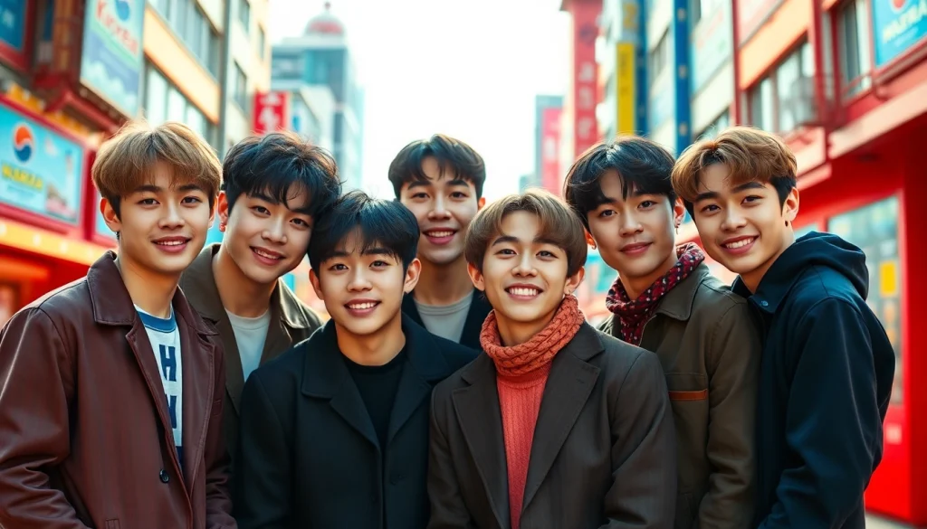 BTS members pose energetically in an urban setting, showcasing their unique styles and expressions.