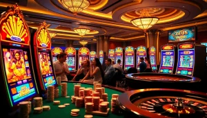Players enjoying the thrilling zeus slot machines in a luxurious casino environment.