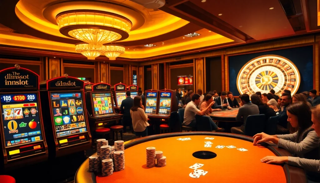 Excited players enjoy vibrant idnslot slot machines at a luxurious casino table.