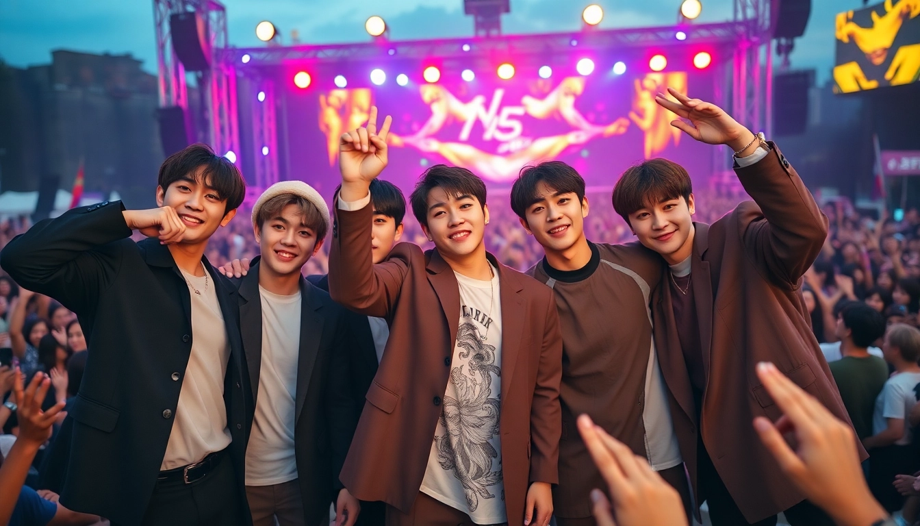 BTS members performing energetically on stage with colorful lights.