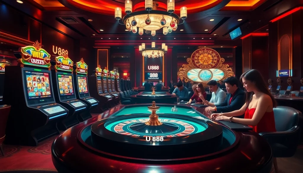 Experience the excitement of u 888 with luxurious casino tables, colorful slot machines, and vibrant gaming action.