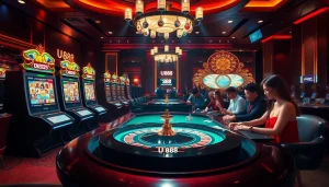 Experience the excitement of u 888 with luxurious casino tables, colorful slot machines, and vibrant gaming action.