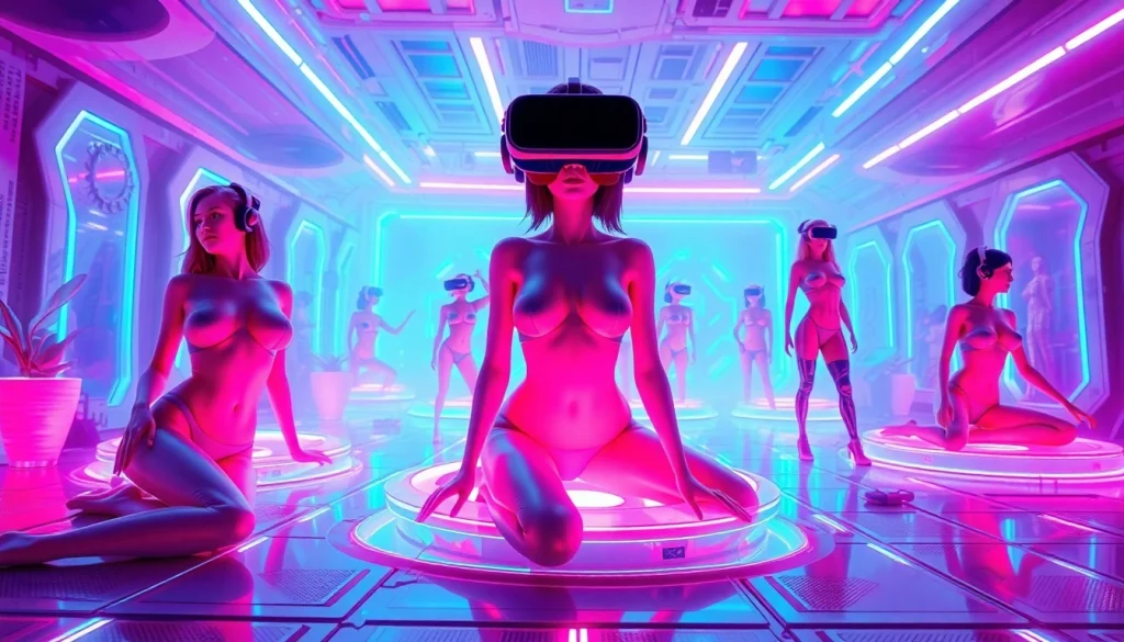 Immersive NSFW AI scene featuring sensual characters in a futuristic digital landscape.