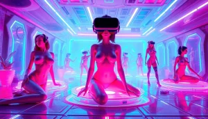 Immersive NSFW AI scene featuring sensual characters in a futuristic digital landscape.