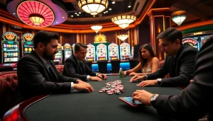 Players enjoying a high-stakes poker game at BK8TH casino, surrounded by vibrant slot machines and roulette.