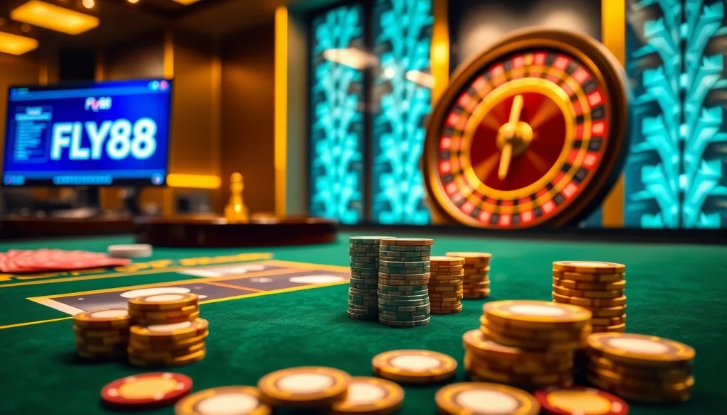 Experience FLY88 đăng nhập at a luxurious casino table filled with colorful poker chips and premium cards.