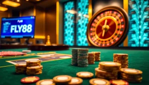 Experience FLY88 đăng nhập at a luxurious casino table filled with colorful poker chips and premium cards.