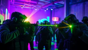 Experience thrilling laser tag action in a vibrant neon-lit arena.