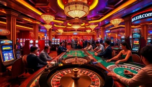 S8.COM players enjoying an exciting atmosphere at a luxurious gambling table, showcasing poker and roulette.