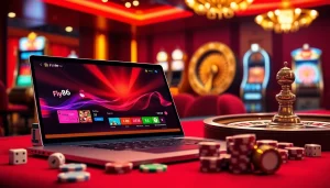 Experience FLY88 đăng nhập with excitement, featuring an elegant casino scene with poker chips and a roulette wheel.