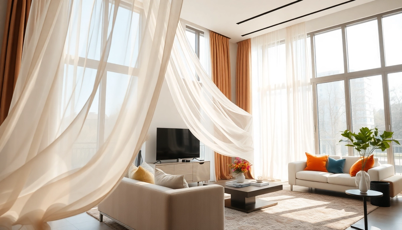 Gebruik van voile stof als gordijnen die natuurlijk licht in een woonkamer filteren.