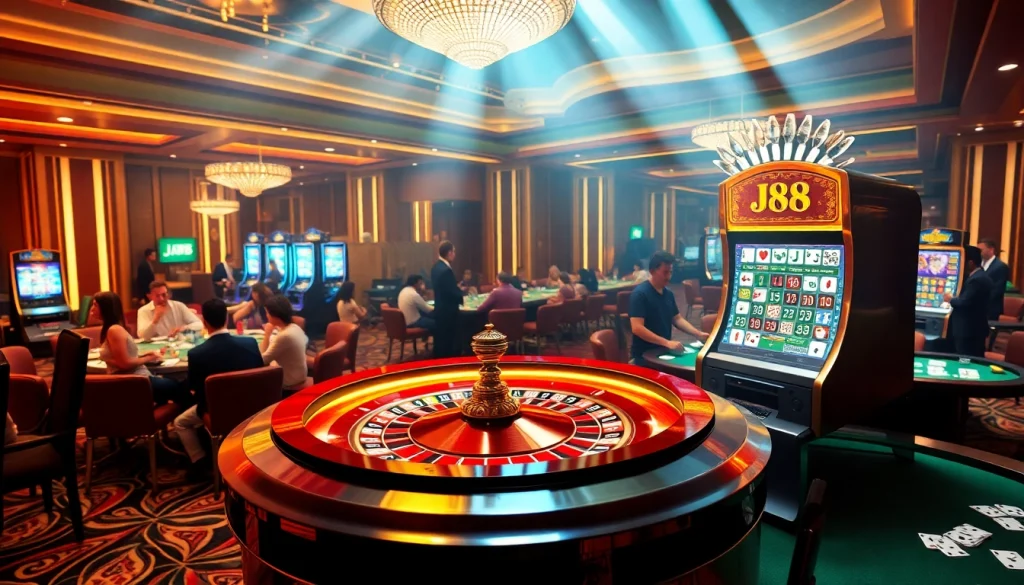 Action-packed scene of gambling excitement with players enjoying J88 slot machines and roulette.