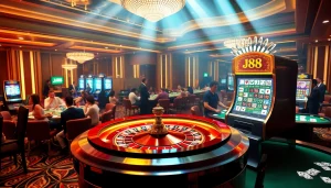 Action-packed scene of gambling excitement with players enjoying J88 slot machines and roulette.