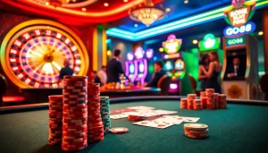 GO88 poker table scene with vibrant chips and illuminated slot machines on a luxury casino floor.