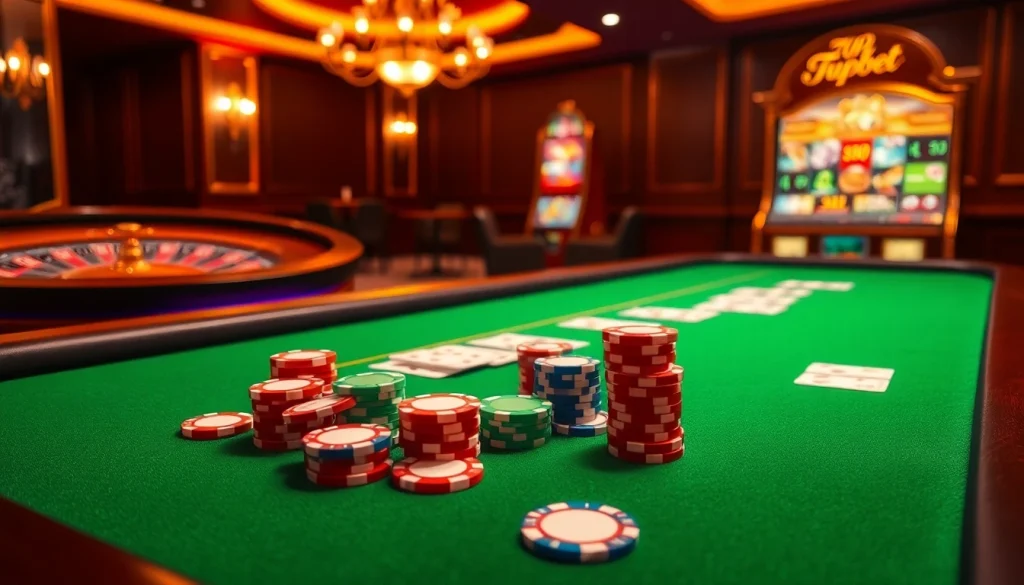 Experience thrilling gameplay with 7upbet at a luxury casino featuring poker tables and slot machines.