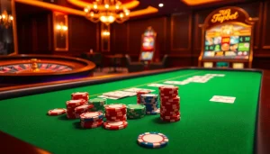 Experience thrilling gameplay with 7upbet at a luxury casino featuring poker tables and slot machines.