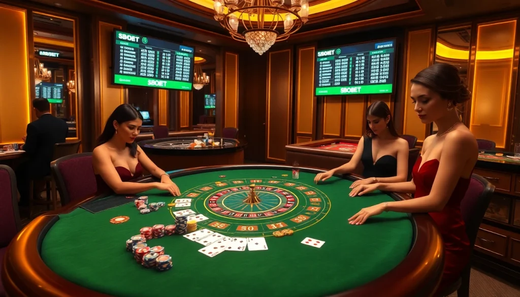 SBOBET betting scene with glamorous players focused on high-stakes baccarat tables and digital odds displays.
