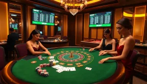 SBOBET betting scene with glamorous players focused on high-stakes baccarat tables and digital odds displays.