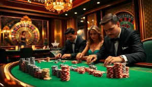 Cảnh chơi poker với cược cao nhấn mạnh Bet VIP, gồm các quân chip màu sắc rực rỡ và bầu không khí casino sang trọng