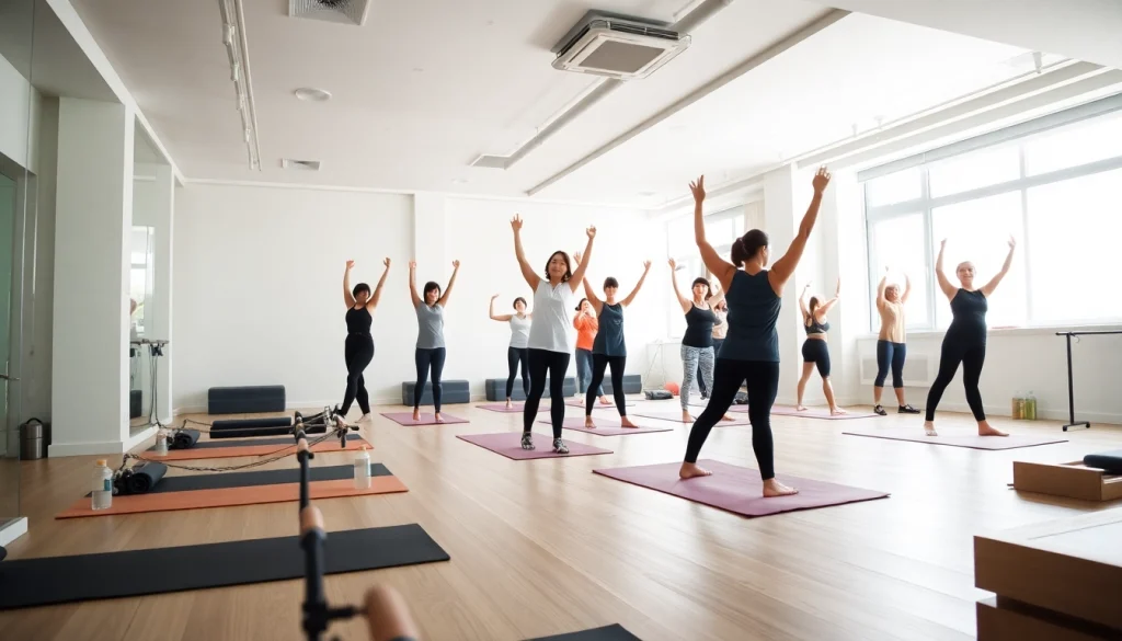 台東区の温かい雰囲気のスタジオでピラティスを練習する参加者。活気あるフィットネスコミュニティを紹介。