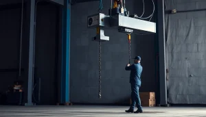 Electric chain hoist crane efficiently lifting heavy materials in an industrial workshop.