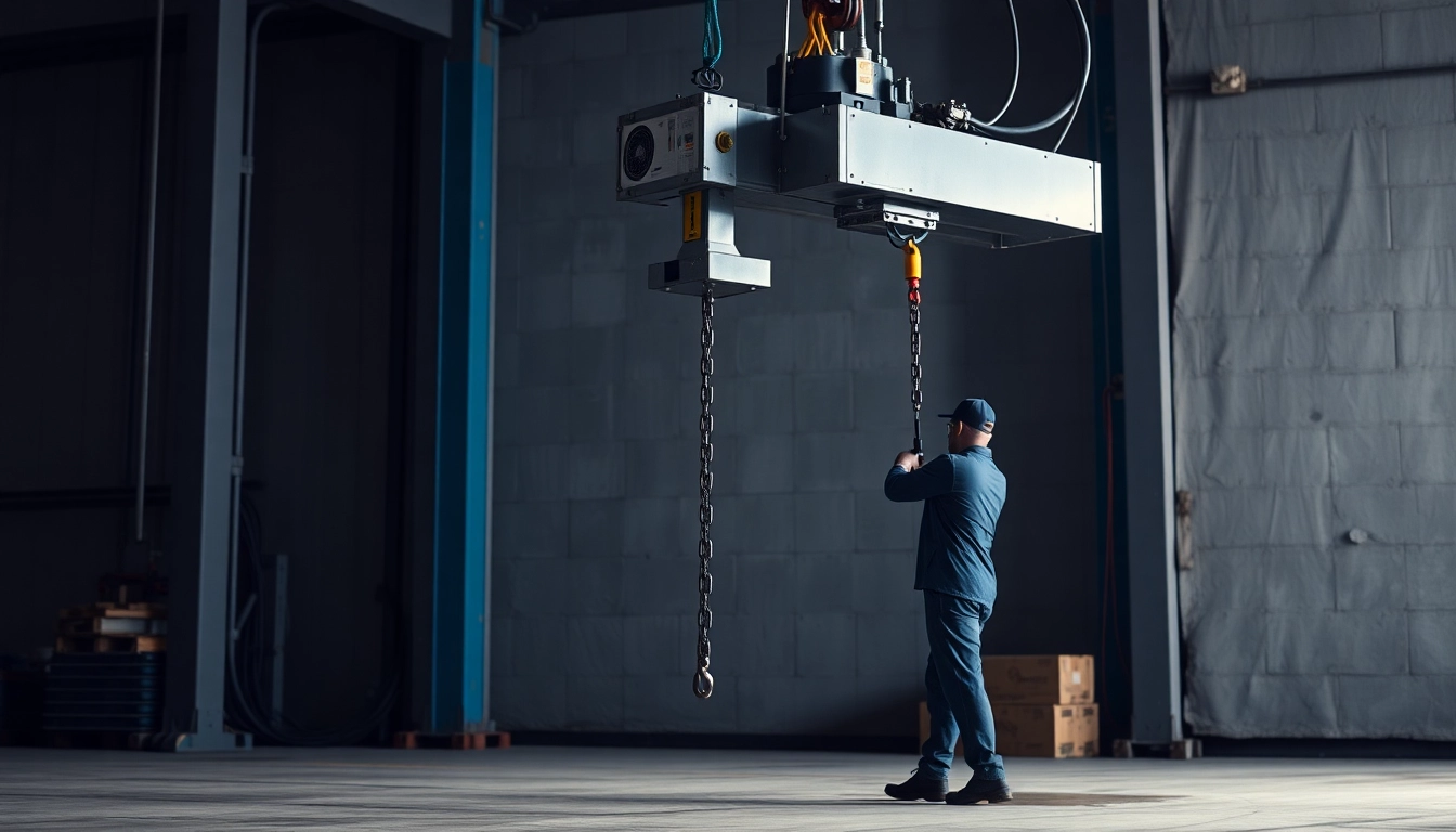 Electric chain hoist crane efficiently lifting heavy materials in an industrial workshop.