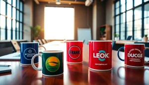 Individualūs puodeliai su logotipais šiuolaikinėje biuro aplinkoje, demonstruojantys prekės ženklo pasirinkimus.