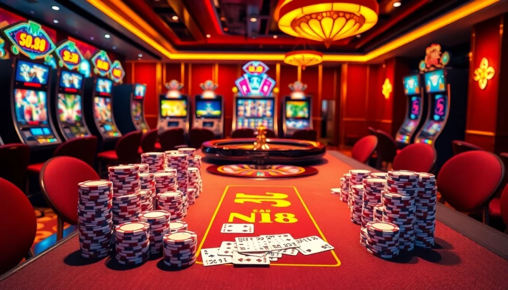 Experience thrilling MM88 KJC gaming with vibrant tables, chips, and roulette wheels.