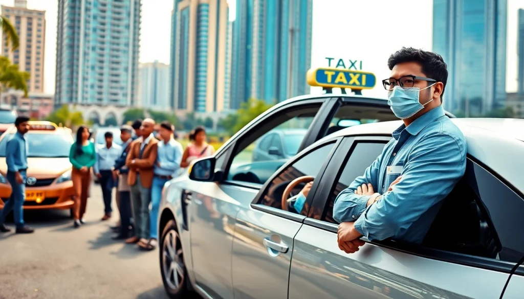 Gurgaon Taxi Service with professional driver beside sanitized cab in urban setting.