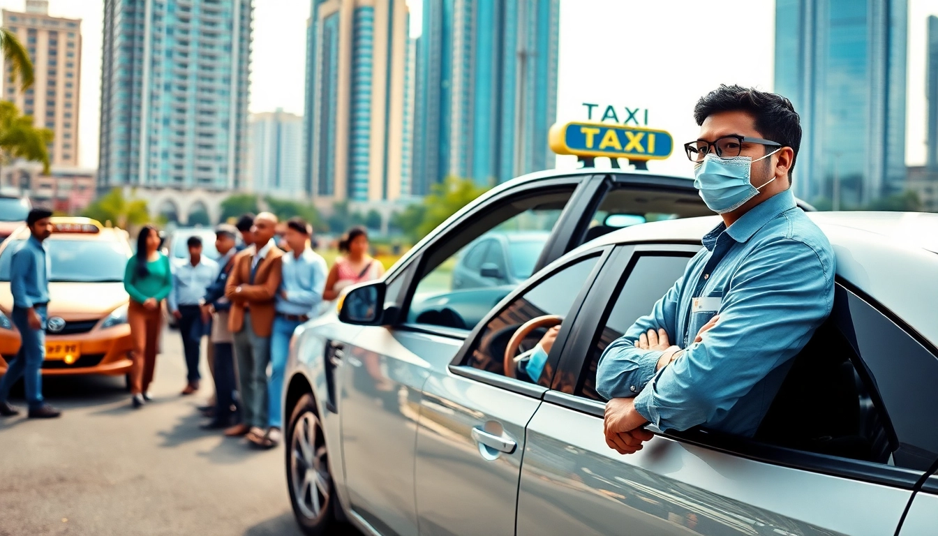Gurgaon Taxi Service with professional driver beside sanitized cab in urban setting.