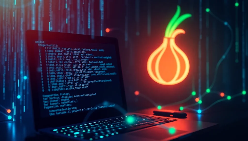 Captivating representation of the hidden wiki onion concept, showcasing encrypted data and a mysterious digital landscape.