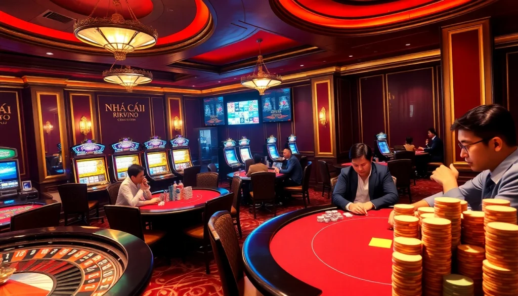 Action-packed scene at a luxurious casino showcasing nhà cái rikvip with poker, roulette, and slots.