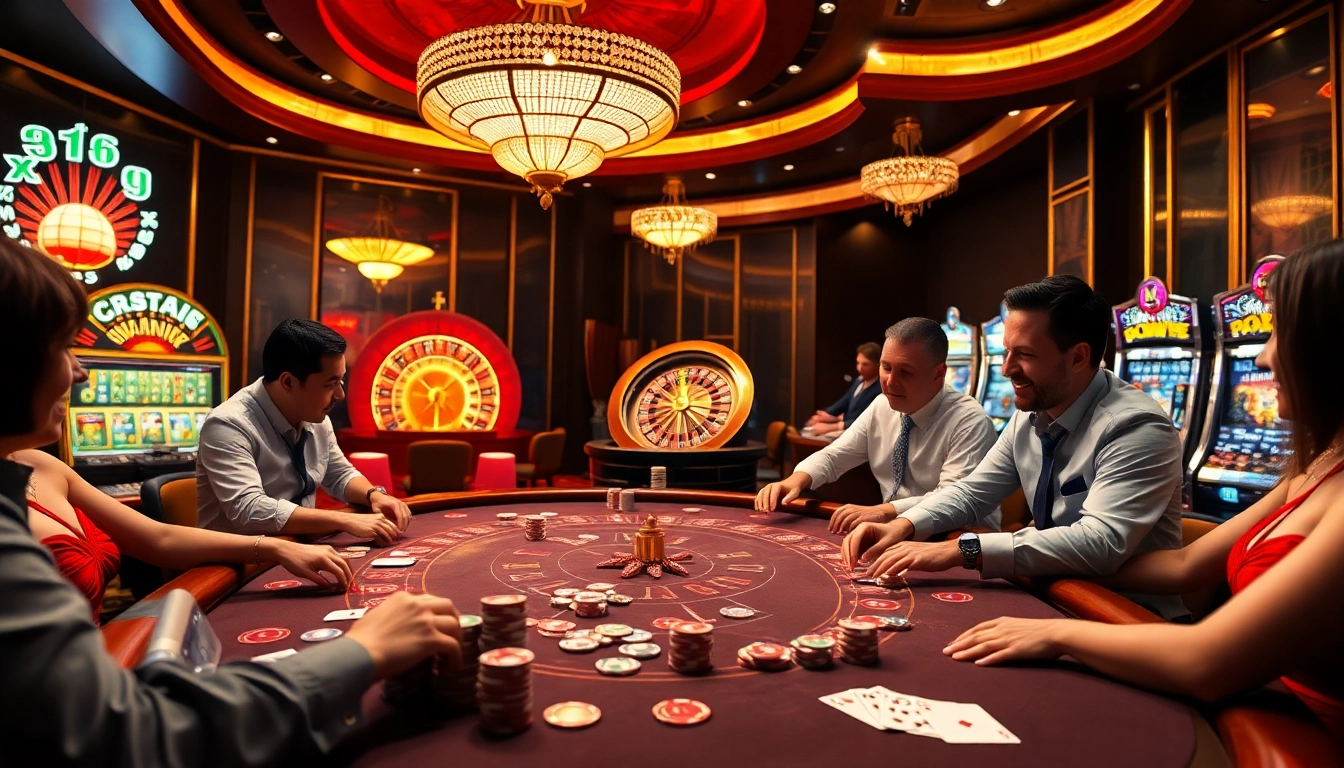 Scène de casino en ligne 2026 passionnante avec des joueurs et des tables de jeu vibrantes.