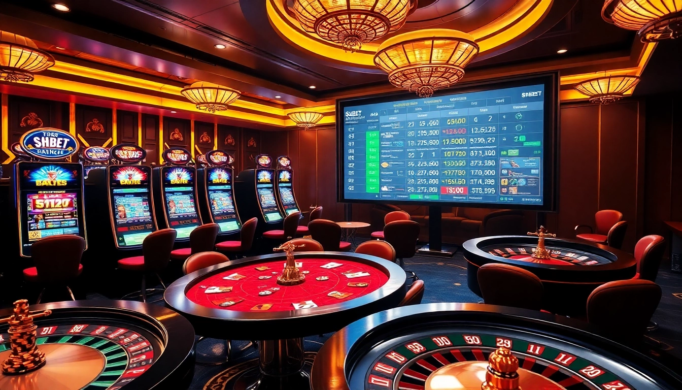 Exciting online gambling scene at Shbet with vibrant slot machines and poker tables.