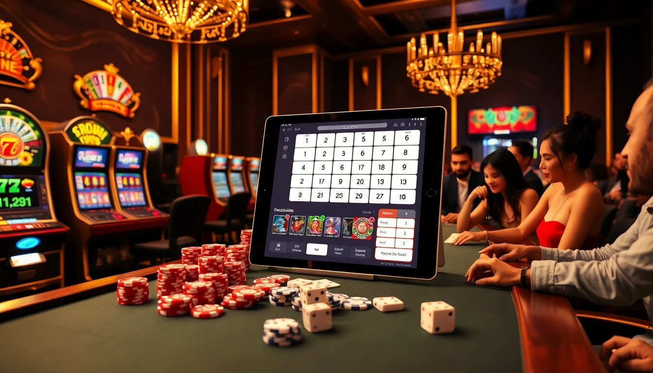 Scène de casino de luxe captivante illustrant le jeu en ligne en 2026 avec des tables et des cartes vibrantes.