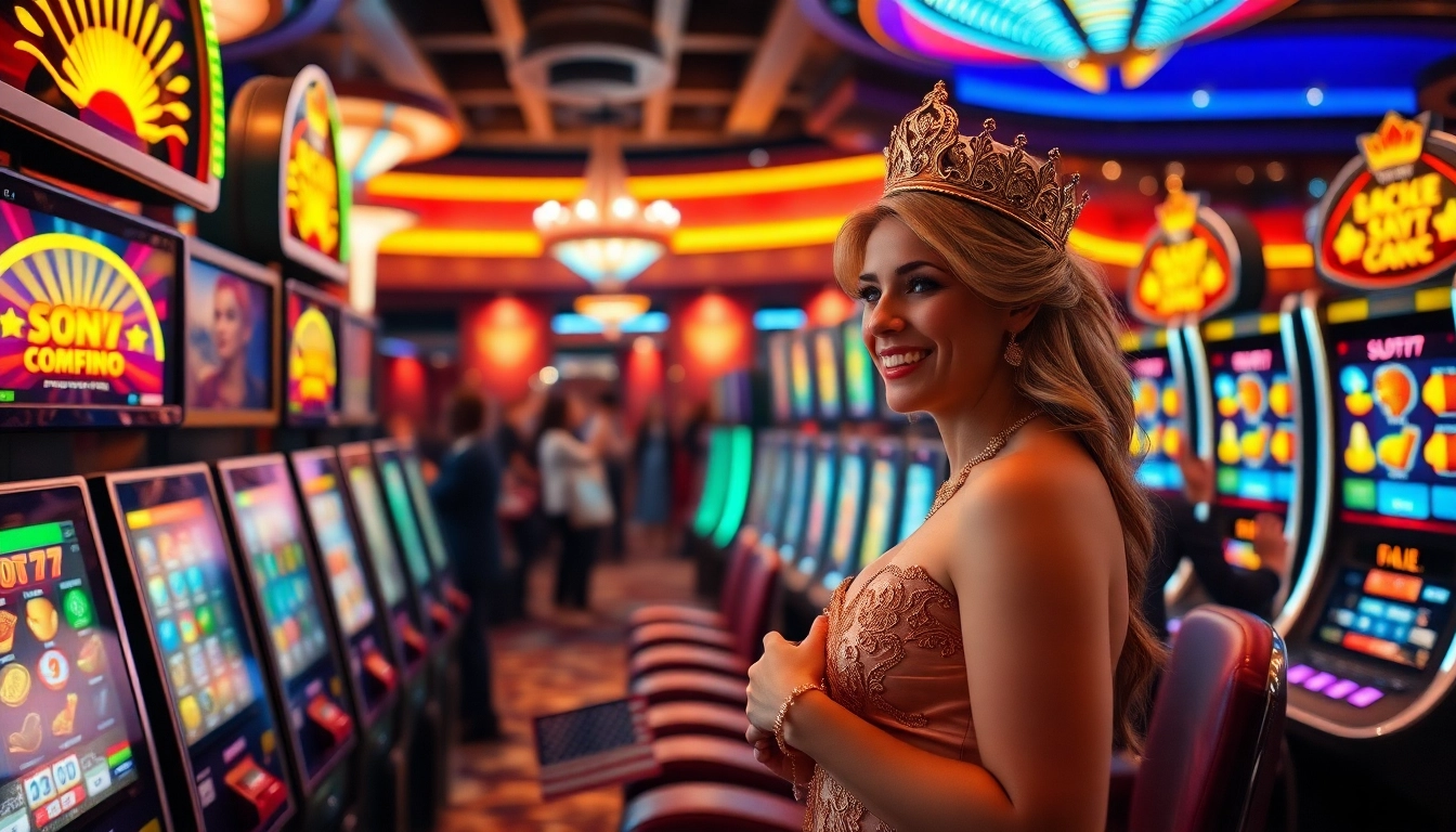 Menang besar di mesin Slot77 yang cerah dengan simbol berwarna-warni dan pengunjung yang gembira.