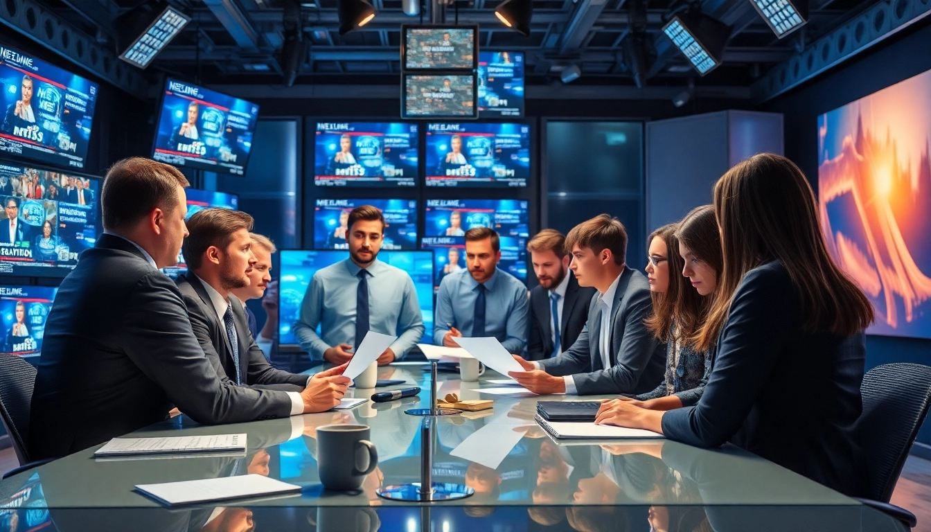 Journalists collaborating in a vibrant newsroom for real-time news reporting.