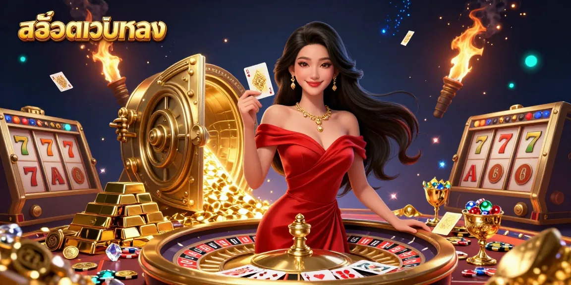 Experience สล็อตเว็บตรง excitement with a stunning Asian woman and a golden roulette wheel in a vibrant casino scene