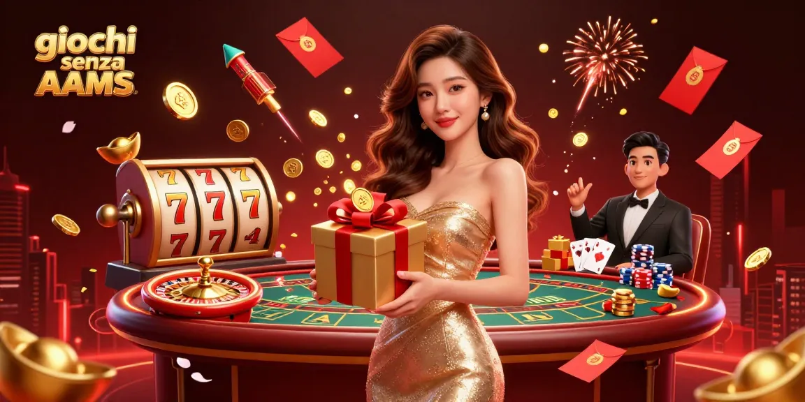 Gioca a emozionanti giochi senza AAMS con monete d'oro che traboccano da colorate scatole regalo e classici elementi da casinò.