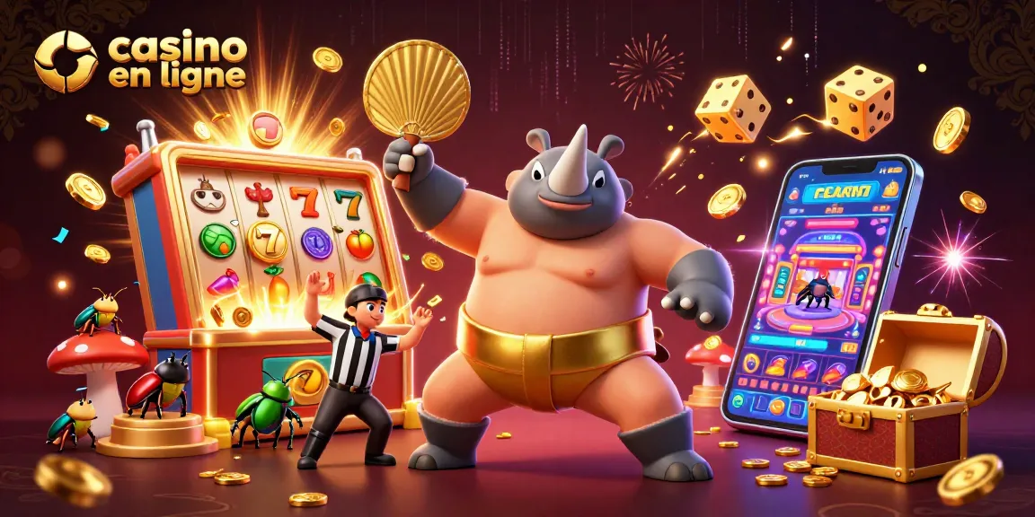 Casino en ligne : Illustration représentant un champion sumo insecte et des éléments de jeux d'argent.