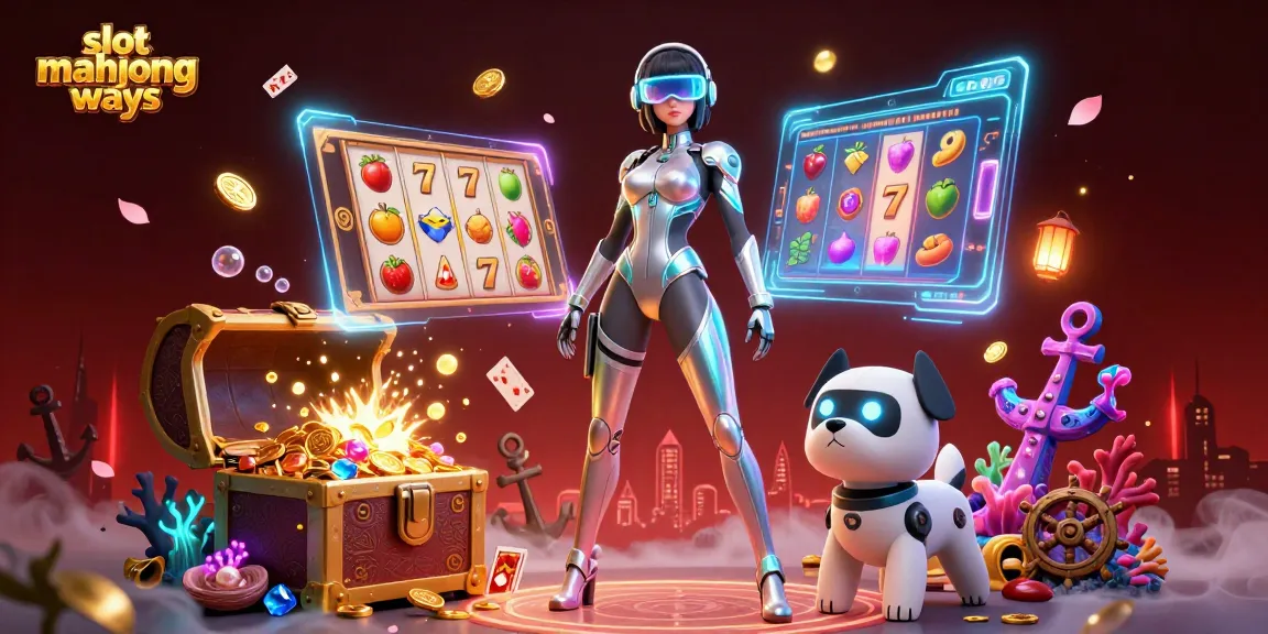 Experience slot mahjong ways with a stunning woman and a robot dog amid casino elements